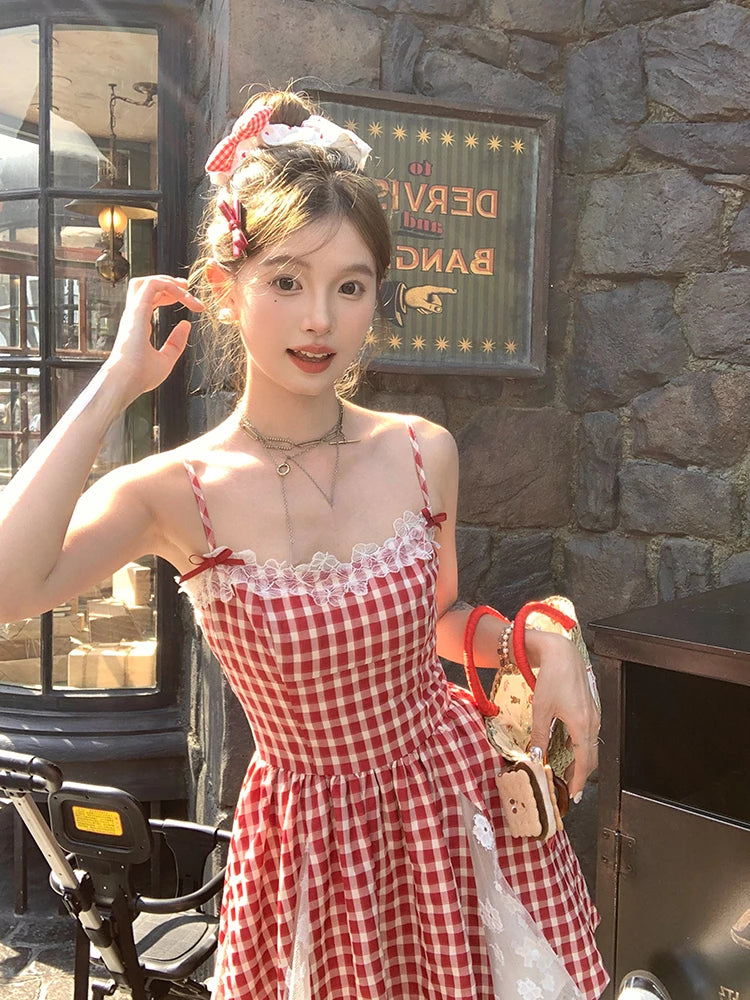 Evening Party Y2k Plaid Mini Dress Sweet Lace Japanese Kawaii Strap Dresses Korean Summer