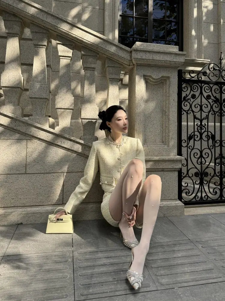 Autumn French Highend Suit Socialite Sweet Short Coat Top High Waist Slim Shorts Set Commuter Two Piece Sets Outfits