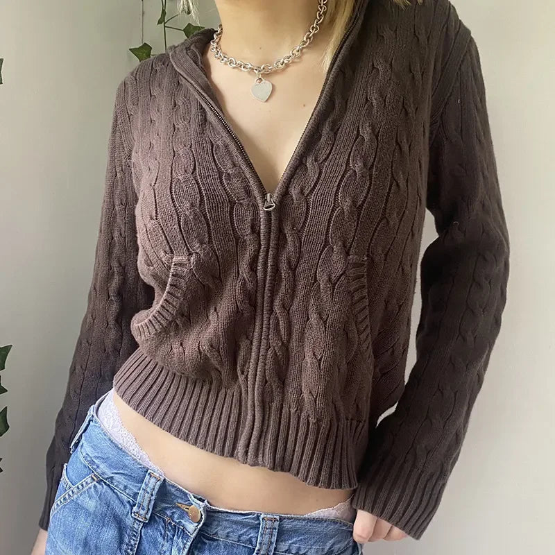 Brown Y2k Hooded Sweaters Autumn Winter Lantern Sleeve Zip Up Jacket Cardigan Knitted Hoodies Cropped Cardigan