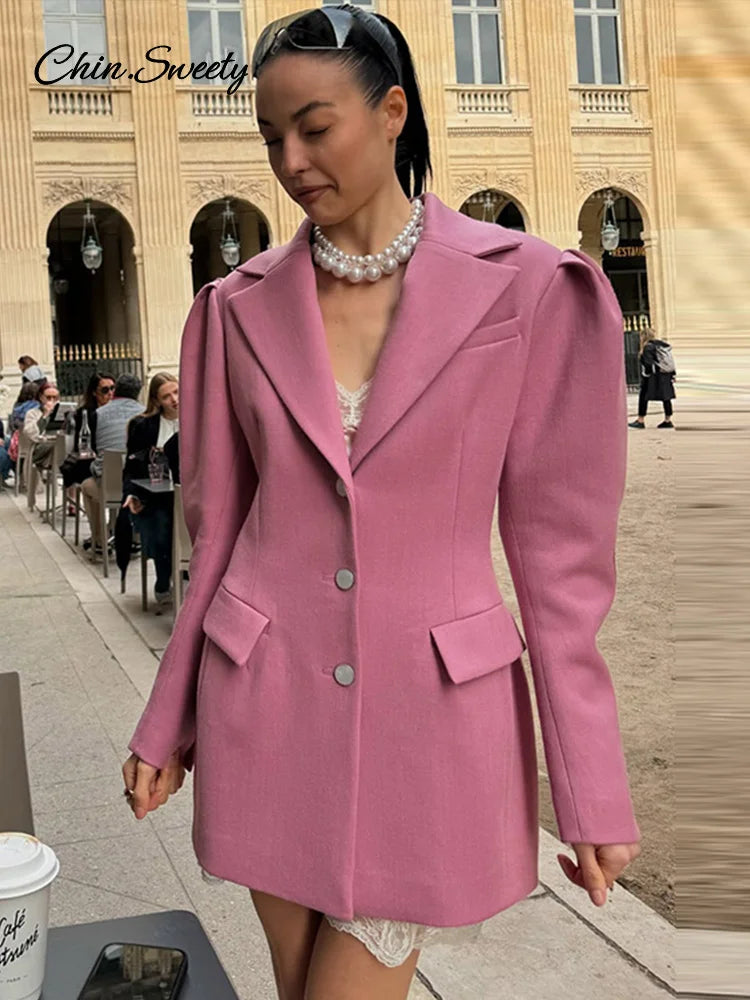 ’s Puff Sleeve Blazer Slim Lapel Single Breasted Cinched Waist Female Jacket Spring Lady High Street Outwears