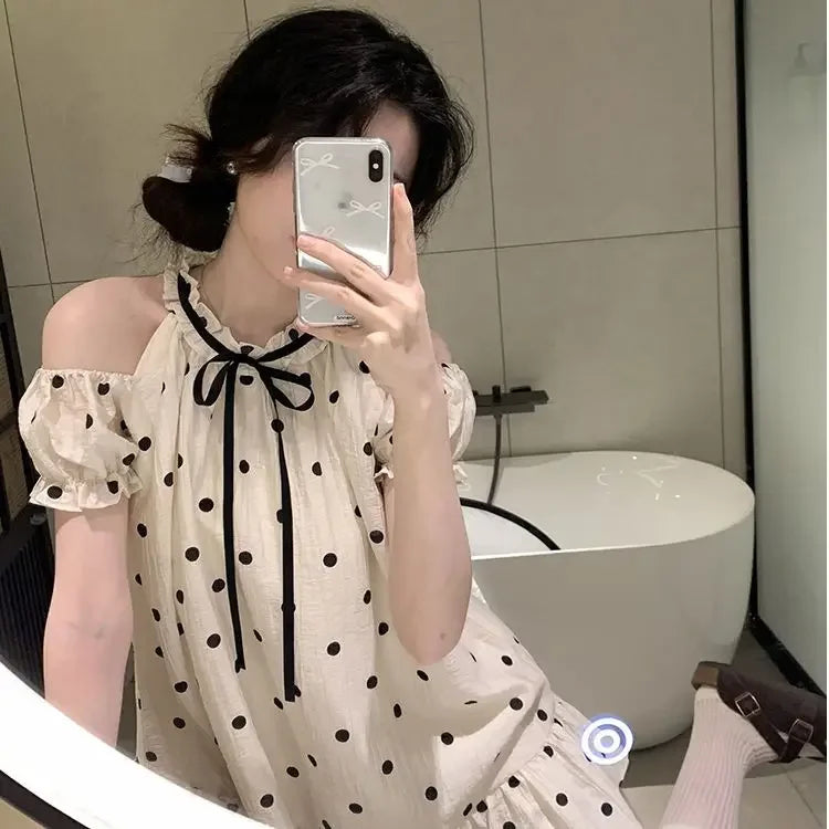 Sweet and Girl's Polka Dot Off Shoulder Princess Doll Dress Summer New Bubble Sleeve Loose Aline Midi Dress for