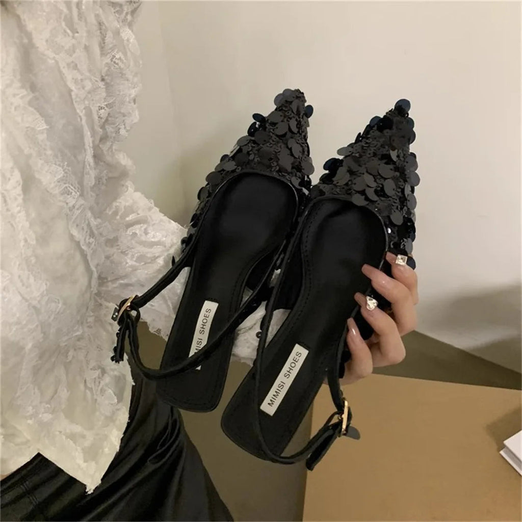 Low Sandals Woman Leather Shoes Closed Toe Bling Bling Suit Female Beige Summer Heels Lowheeled Silver Retro Bright Black