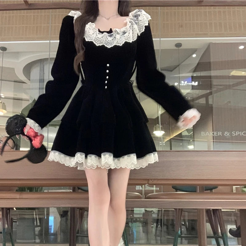 Y2k Dress Aesthetic Clothes Lace Trim Scoop Neck Long Sleeve a Line Mini Dress Velvet Party Dresses