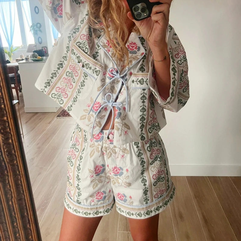 2 Piece Oufits Indie Graphic Print Front Tie Up Bowknot Full Sleeve Blouse T-shirt + Shorts Fairy Cottage Y2k