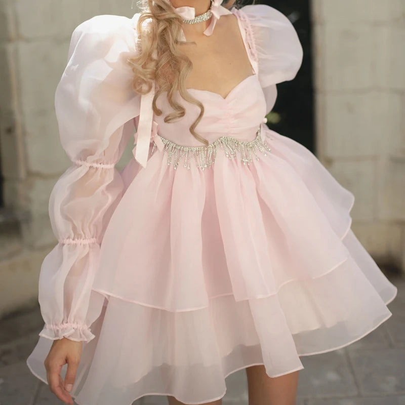 Kawaii Puff Sleeve Tulle Princess Dress Off Shoulder Square Collar Mini Dress Puffy Mesh Party Prom Evening Dress