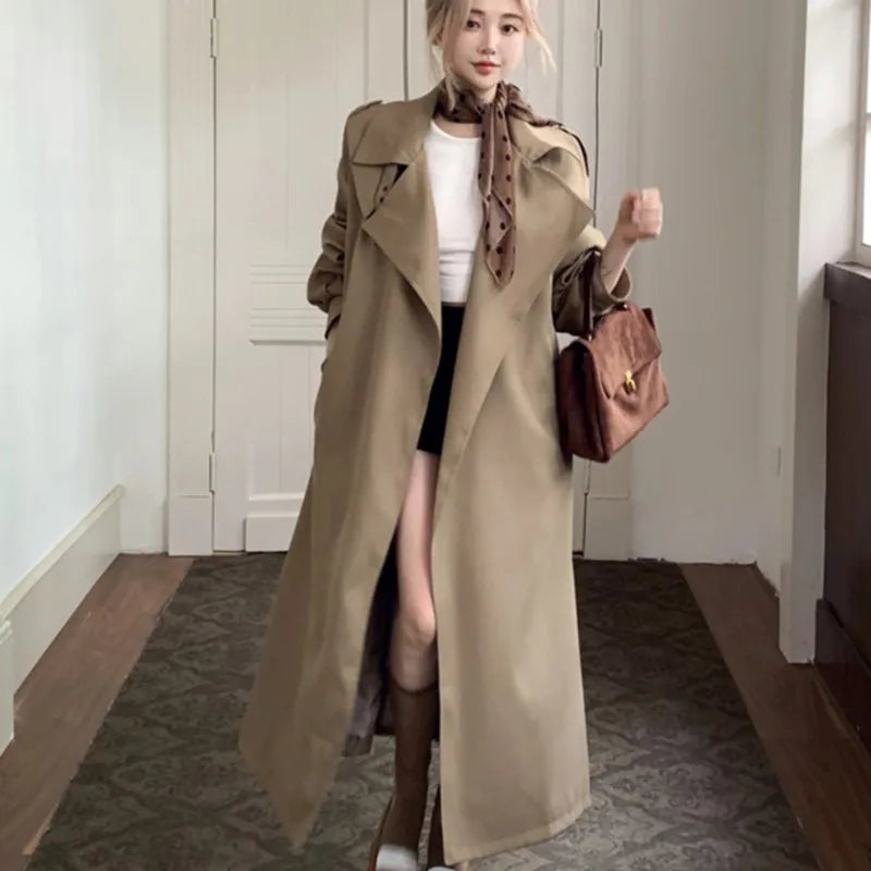 Autumn Winter Woman New Lapel Windbreaker Trench With Belt Korean Style Outerwears Midi Coats