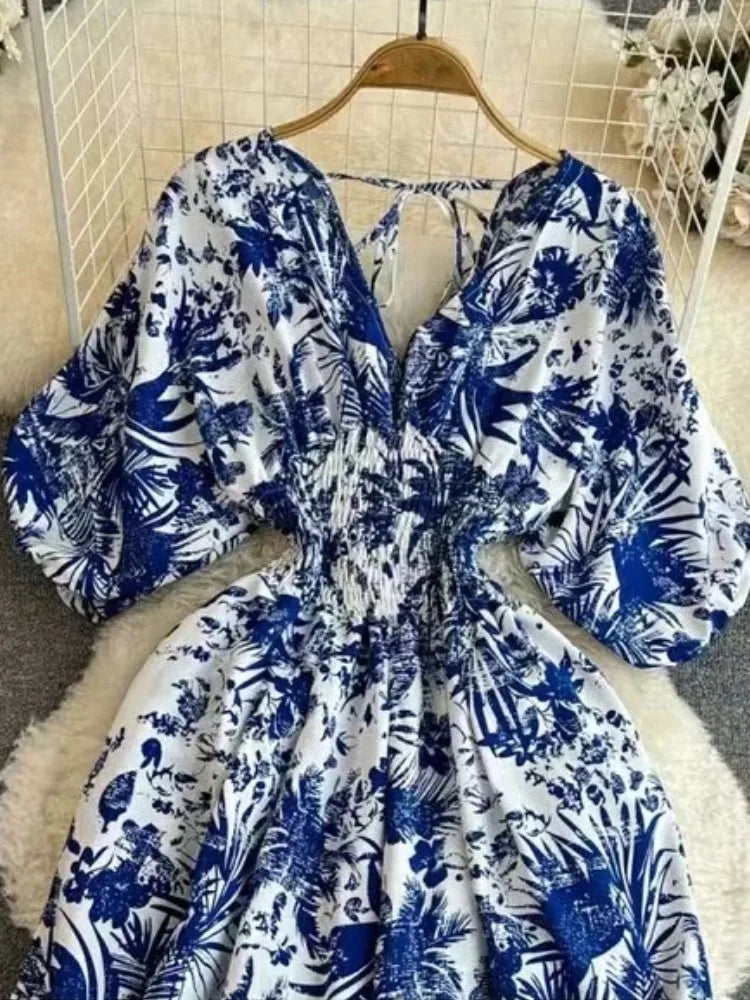 Print Puff Sleeve V Neck Jumpsuits Summer New High Waist One Piece Female Straight Wide Leg Pants