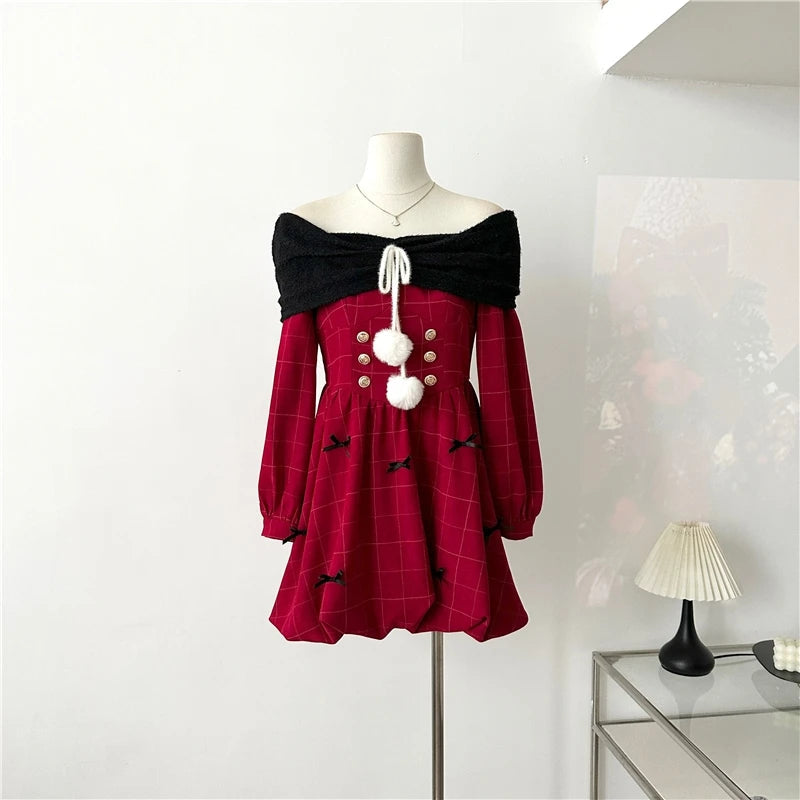 Y2k Christmas Red Party Dress Sweet Plaid Bow Dresses Female Korean Kawaii Mini Dress