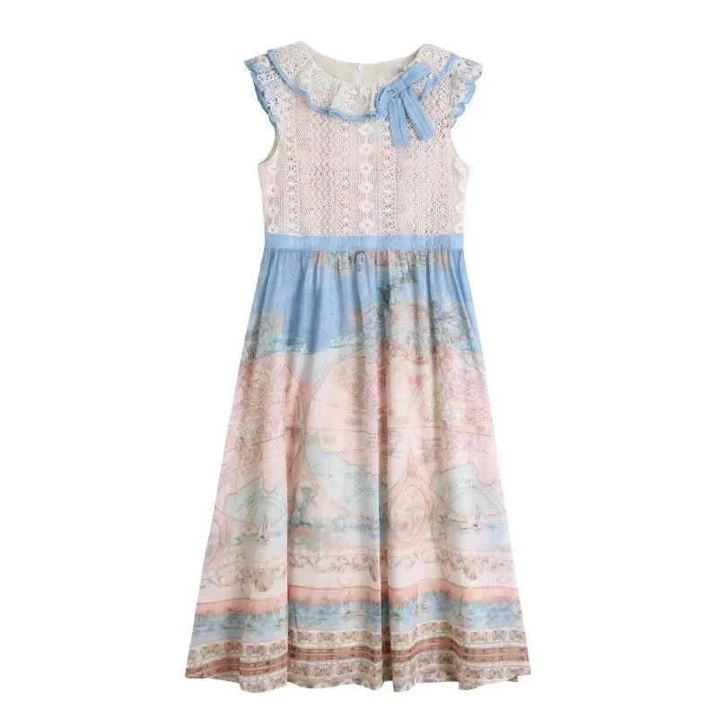 Sweet Oil Painting Style Dress for Summer New Atmosphere Bow Lace Round Neck Aline Party Long Dresses