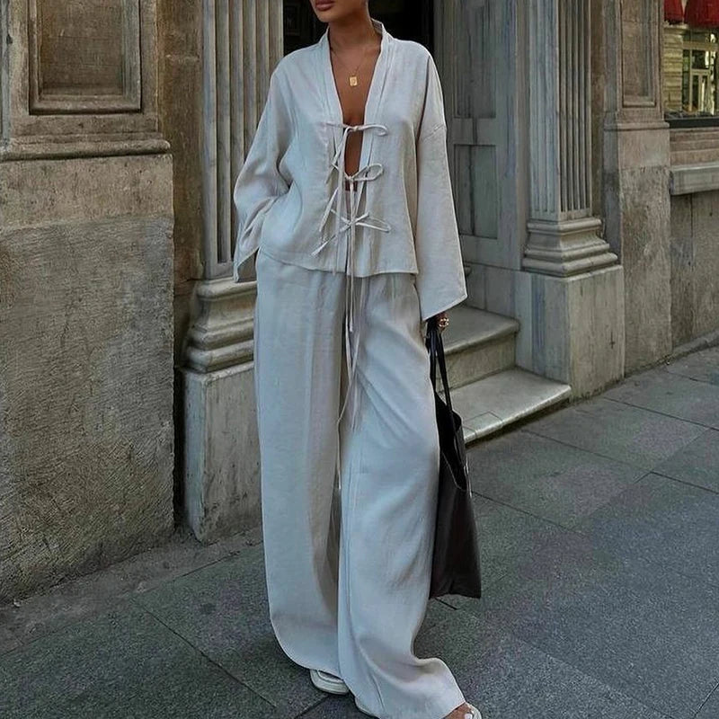 V Neck Lace Up Top and Pants 2 Piece Set New Spring Long Sleeved Loose Suit Simple Color High Street Outfits