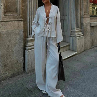 V Neck Lace Up Top and Pants 2 Piece Set New Spring Long Sleeved Loose Suit Simple Color High Street Outfits