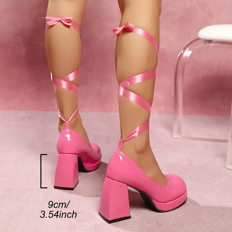 Wine Red Thick Heel Pumps Patent Leather High Heels Banquet Shoes Woman Lace Up Platform Mary Jane Shoes