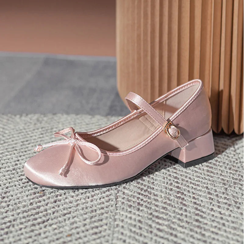 /girl's Pink Silk Pumps Sweet Bowtie Mary Janes Shoes Woman Square Toe Silk Tacones Ballerina Shoes Medhgh Heels Bow Shoes