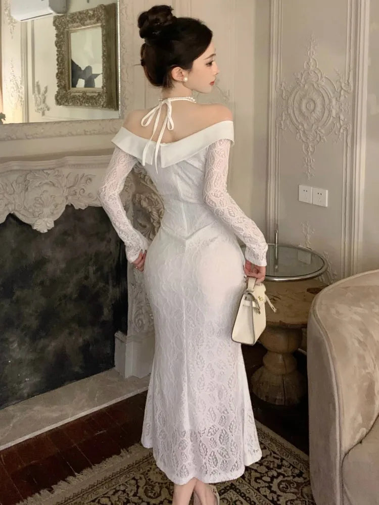 Long Dress Slash Neck Slim Bodycon Short Lace Dresses Evening Party Autumn Spring New Vestidos