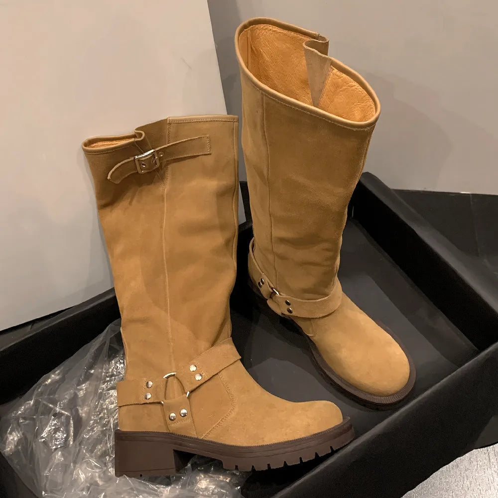 Natural Suede Leather Slipon Autumn Knee High Boots Thick Sole Platform Flats Winter Long Boots Metal Buckle Punk Shoes