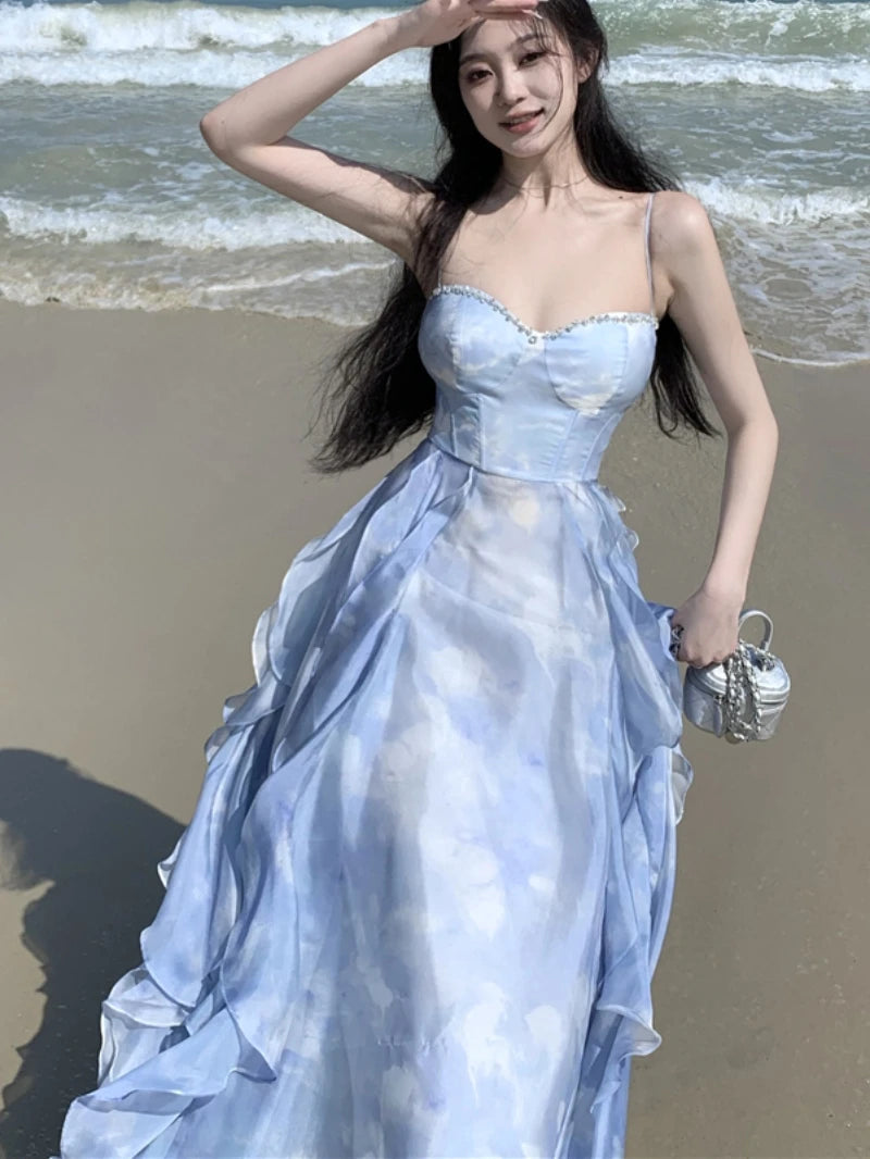 New Summer Long Dresses for Spaghetti Strap Korean Aline Ruffles Beach Style Party Dress One Piece Vestido Mujer