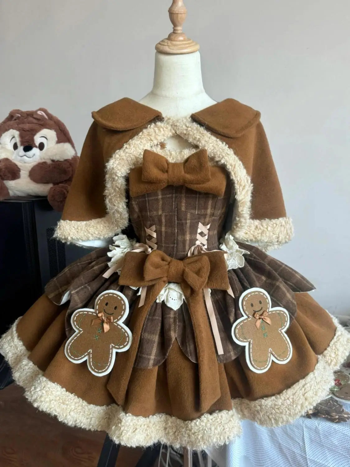 New Sweet Lolita Dress Set for Autumn/winter Spliced Plaid Strap Mini Dress Cloak Coat Two Piece Set Outfits