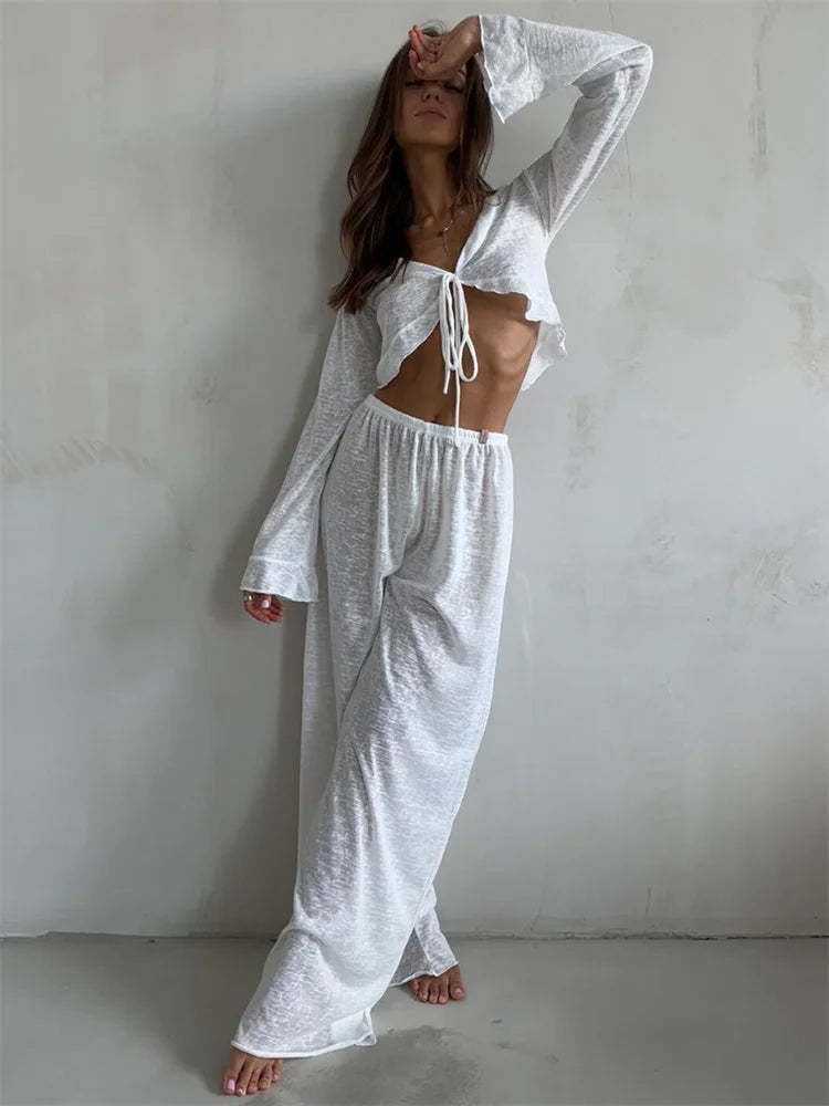 2 Piece-set Trousers for V-neck Lace-up Long Sleeve Top and High Waist ’s Pants Outfits Female