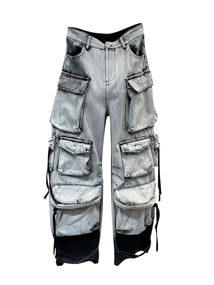 Gradient Multiple Pockets Design Jeans Single Button High Waist Denim Pants Autumn Female New