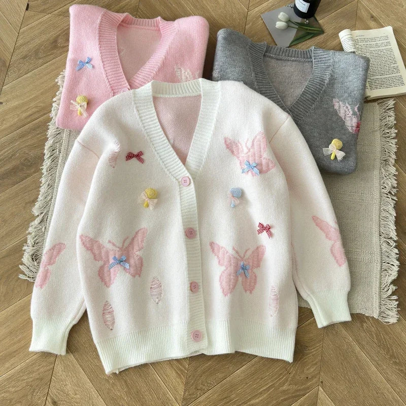 Sweet Hot Girl College Style Bow Tie Sweater Jacket Autumn and Winter Loose Knitted Cardigan Female Clothes