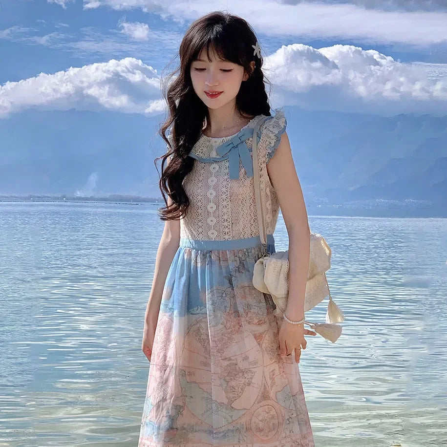 Sweet Oil Painting Style Dress for Summer New Atmosphere Bow Lace Round Neck Aline Party Long Dresses