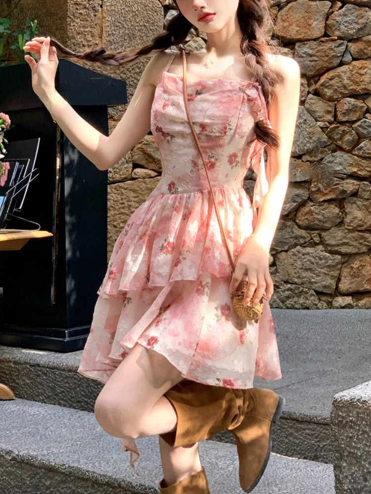 Summer French Dress Sweet Retro Slim Mini Dress Korean Y2k 2000s Strap Dress