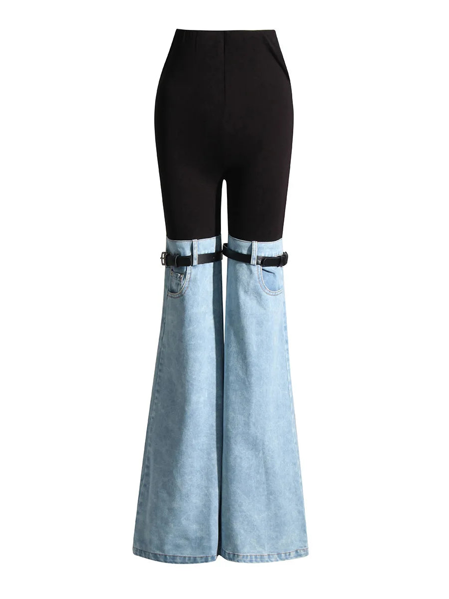 Color Contrast Patchwork Design Denim Pants Street Wear Jeans Straight Buckle New