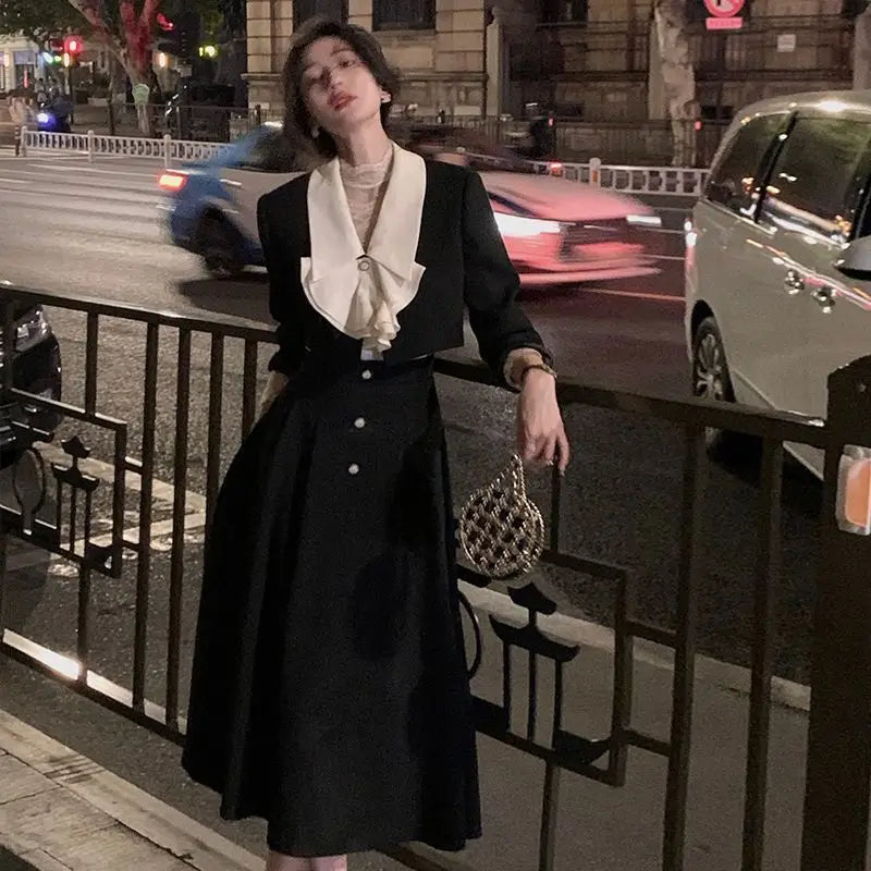 2 Piece Dress Set Black Midi Dress Korean Clothes Y2k Crop Top Short Coats + Skirt Spring