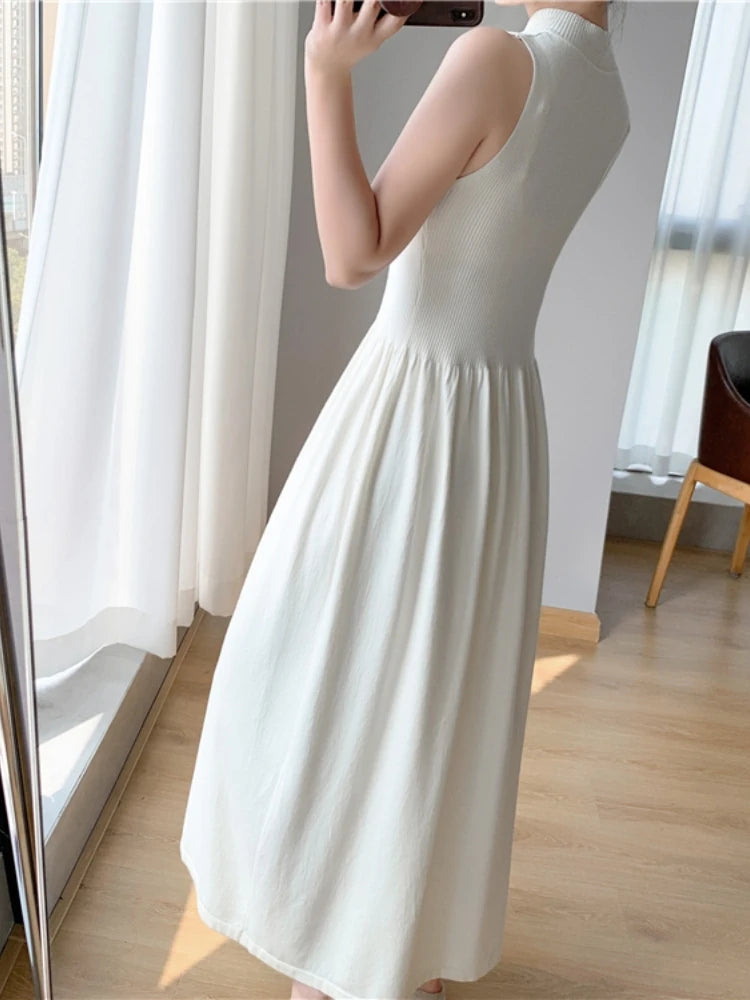 Spring Summer New Sleeveless Knitted Midi Dress Slim Robe