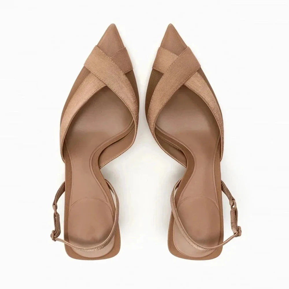 Cross Upper Pumps Slingbacks Point Head Spike Kitten Heels Sandals for Woman Khaki Heels Slipper Shoes Trend