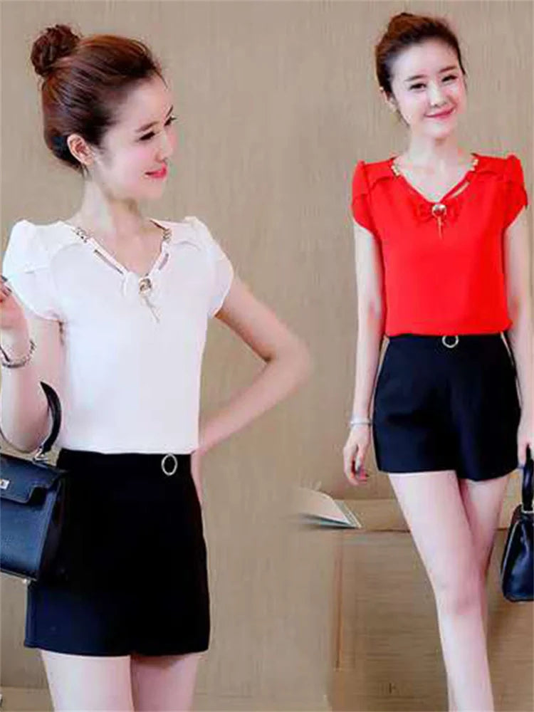 ’s Tops Chiffon Blouse Short Sleeve Summer Blusas Woman Shirt Blouses Female Top Tee Df2584