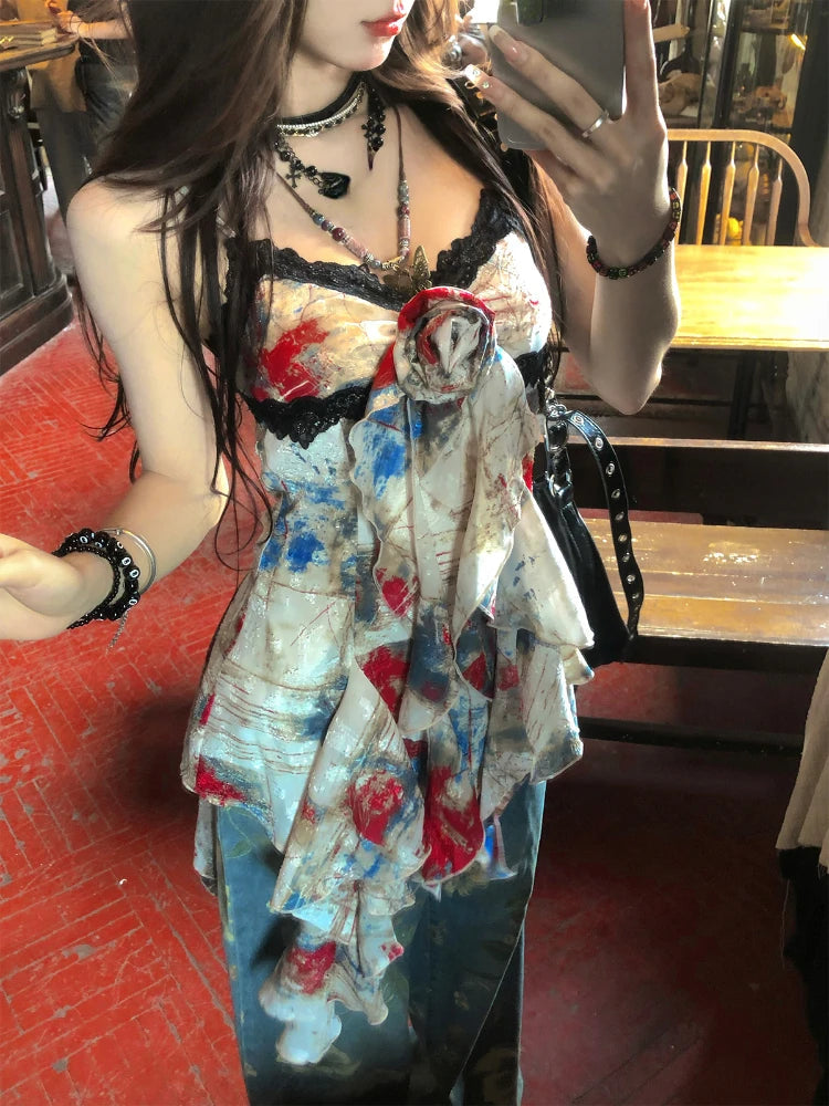 2000s Y2k Blouse Sleeveless Retro Camisole Female Irregular Shirts Design Summer Vest