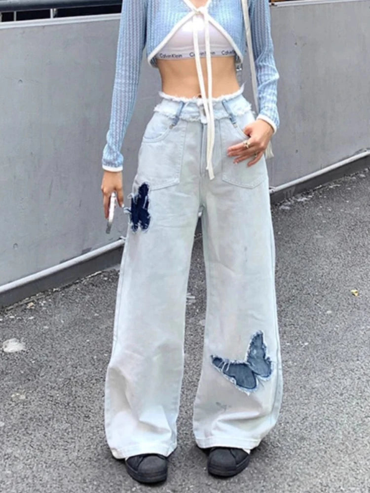 Blue Jeans Y2k Loose Butterfly Patchwork Causal High Waist Denim Pants Retro Bottoms