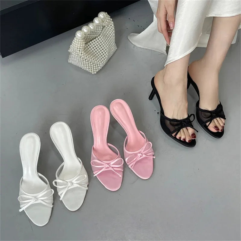Summer Butterflyknot Breathable Holes Mesh Open Toe Woman Slippers Thin High Heels Party Dress Shoes