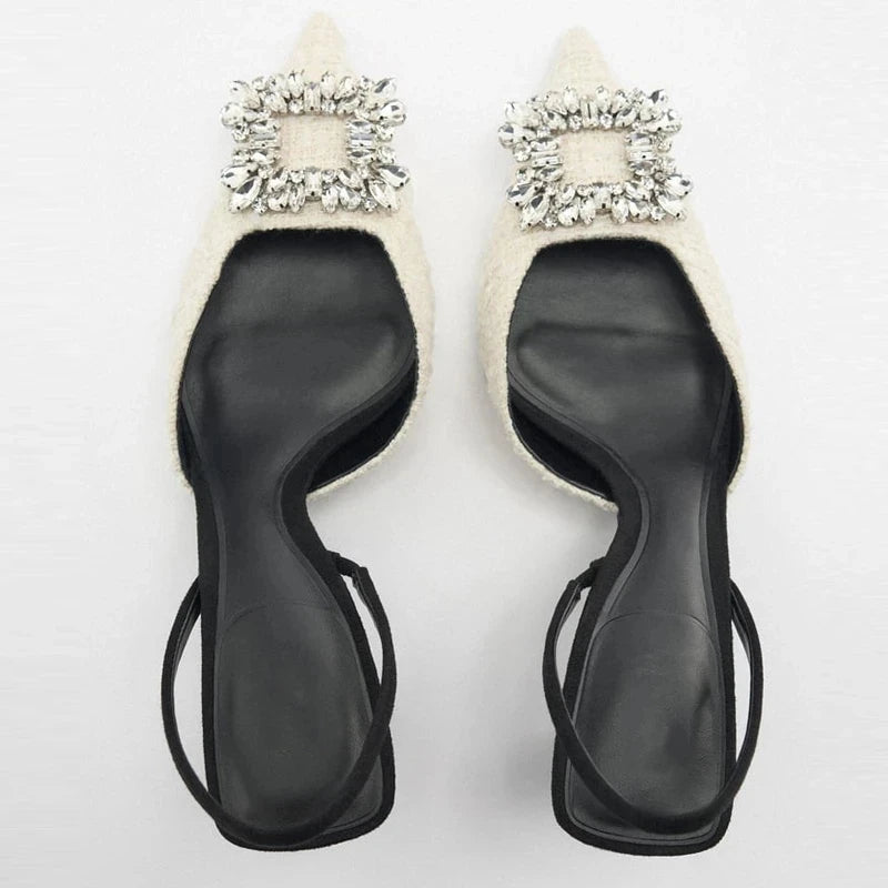 Square Rhinestone Mid Heels Pumps for Woman White Tassel Texture Black Sole Slingbacks Shoes Point Head Spike Heel Sandals