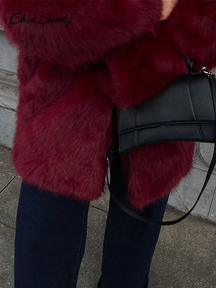 ’s Red Faux Fur Long Overcoat Fleece Thick Warm Full Sleeve Lapel Cardigan Coat Winter Loose Outerwear