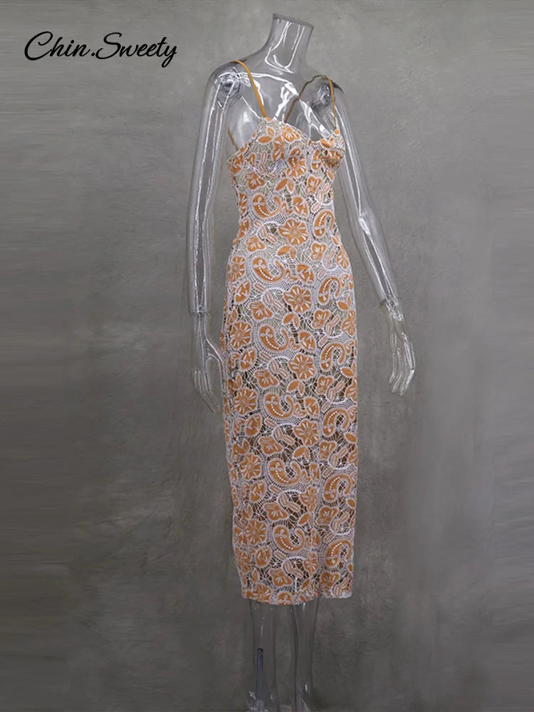 Embroidery Slip Midi Dress Backless Hollow Out Hip Package Zipper Dresses Spring Summer Lady Party Evening Gowns