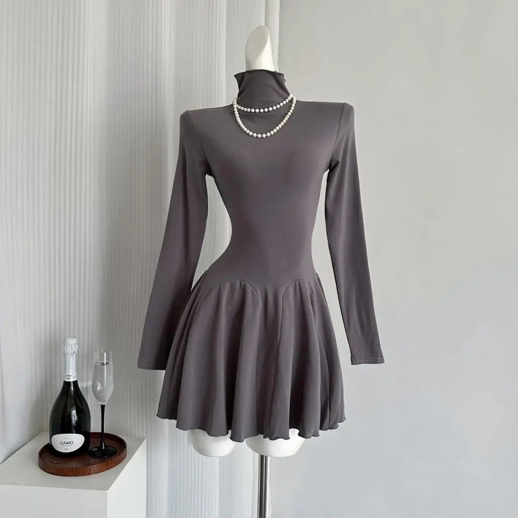 Autumn New Mini Dresses Turtleneck Long Sleeve Ruffles A-line Korean Female Clothing Vestidos Mujer