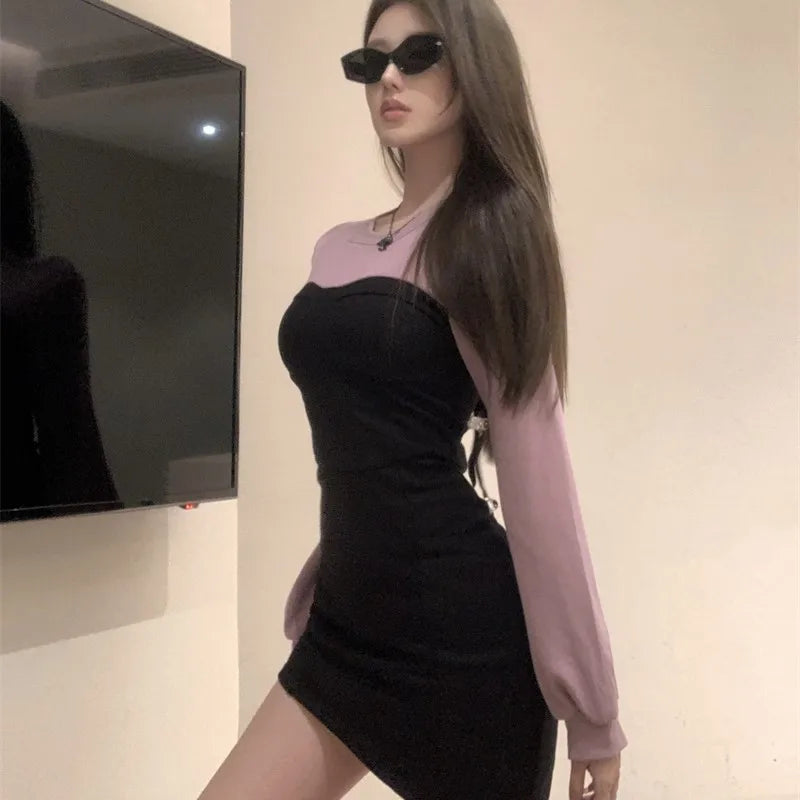 Patchwork Mini Dresses Long Sleeve Bodycon Lace-up Hollow Out Y2k Club Party Dress Korean Autumn New Vestidos