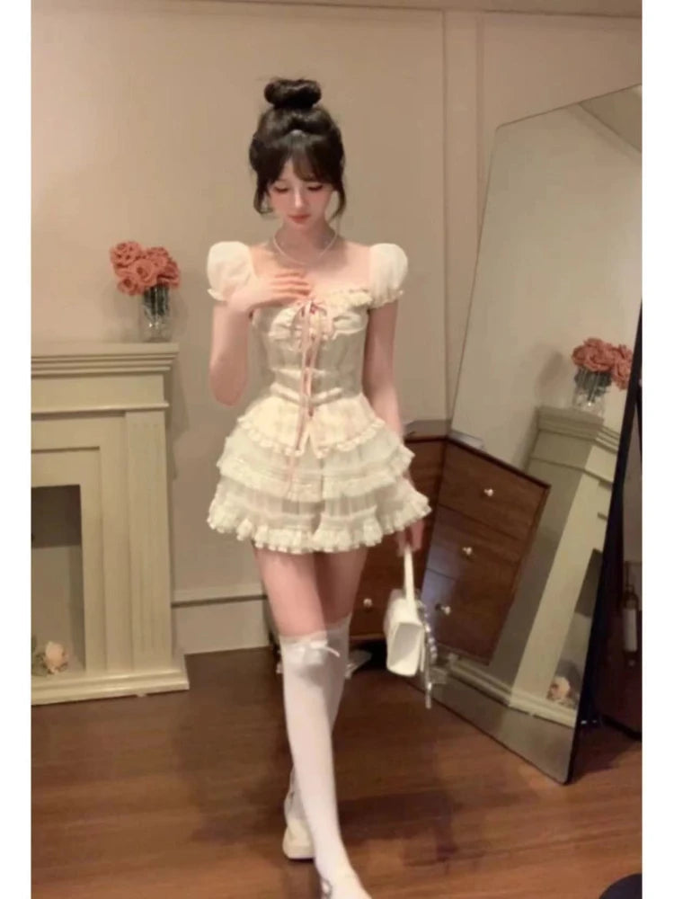 2000s Japanese Kawaii Suits Lolita 2 Piece Skirt Set Even Party Clothing Y2k Crop Top Blouse + Slim Skirts