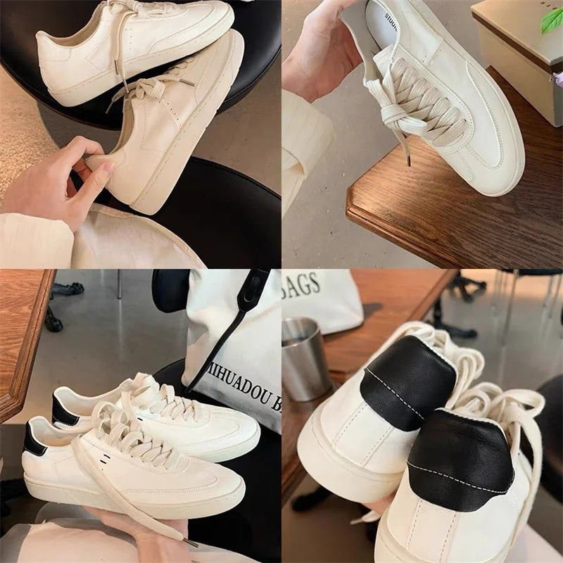 Spring New Versatile Breathable Shoes Classic Color Round Toe Soft Leather White Flat Sneakers