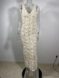 Cream Rose Decal Dress for Deep V Neck Sleeveless Backless Bodycon Club Party Maxi Dress
