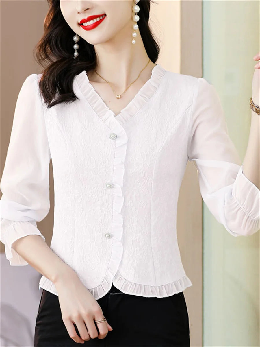 Woman Spring Autumn Style Blouses Shirts Lady Long Sleeve V-neck Color Blusas Tops Df4615