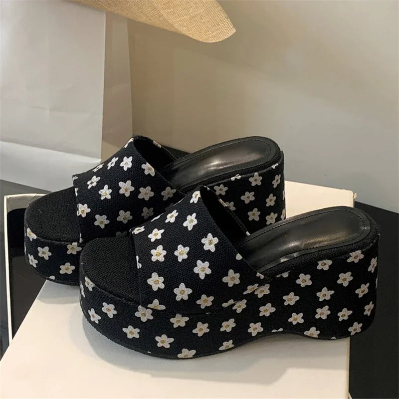 New Summer Flower Platform Wedges Woman Slippers Open Toe Chunky High Heels Slides Shoes