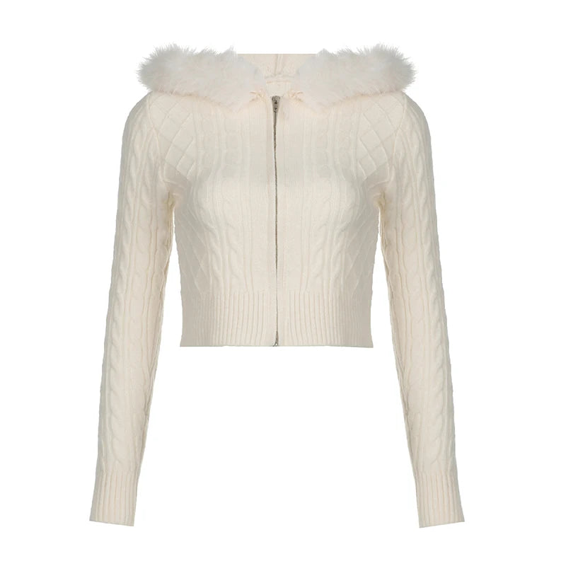 White Slim Zip Up Hooded Cropped Sweater Cardigan Autumn Winter New Sweet Coquette Fluffy Outerwear