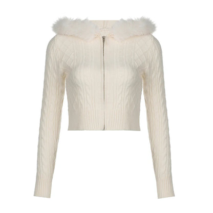 White Slim Zip Up Hooded Cropped Sweater Cardigan Autumn Winter New Sweet Coquette Fluffy Outerwear