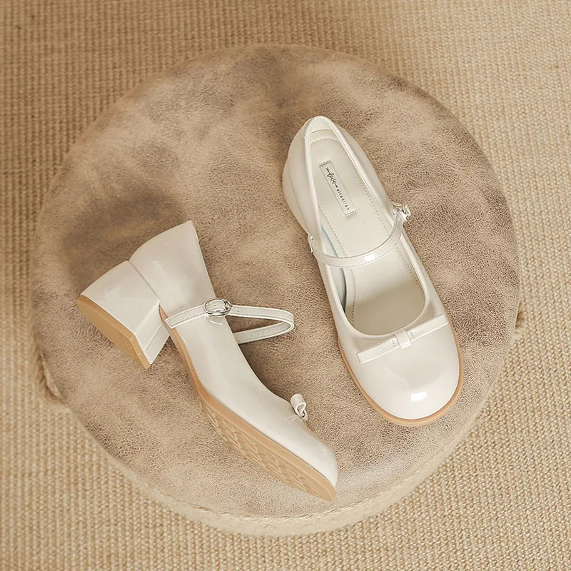 Patented Leather Mary Jane Shoes Retro Thick Heel Round Toe Shoes New One Line Buckle Lace Up Single Shoe
