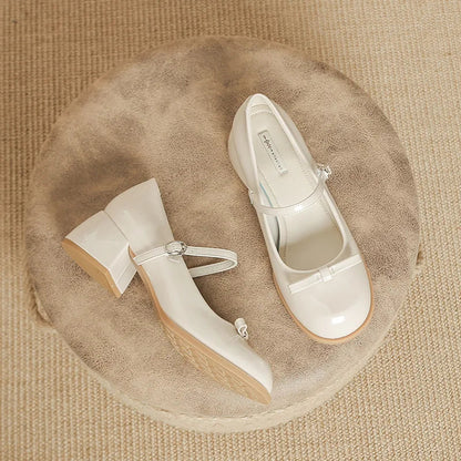 Patented Leather Mary Jane Shoes Retro Thick Heel Round Toe Shoes New One Line Buckle Lace Up Single Shoe