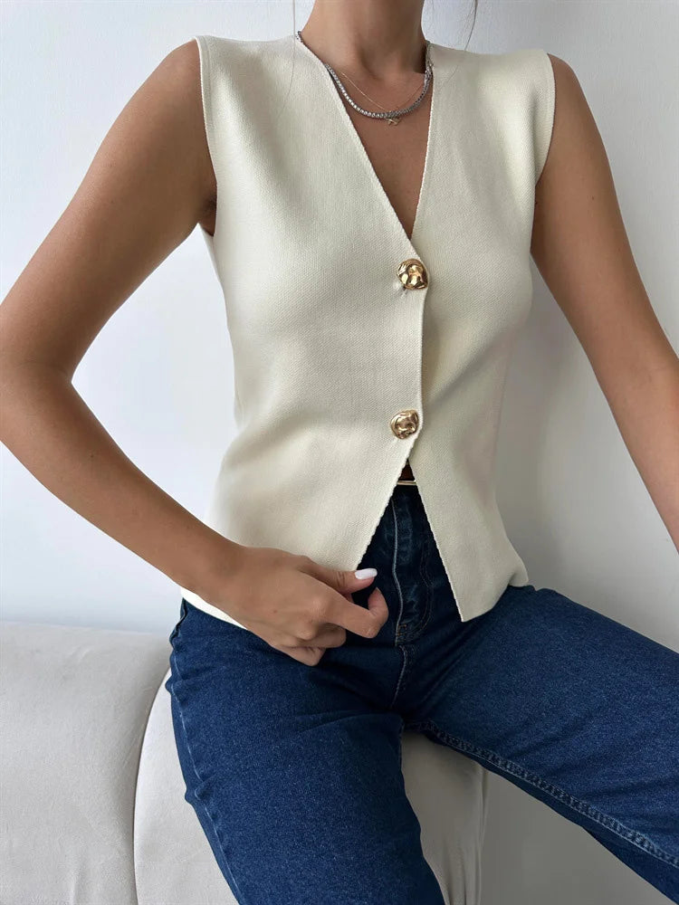 Knit V-neck Sweater Tank Top High Waist Patchwork Autumn Knitwear Y2k Cardigan Top Vest