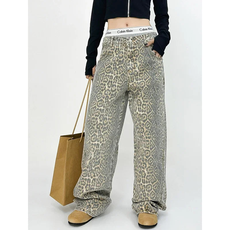 American Retro High Street Overalls Leopard Print Loose Wide Leg Pants for Y2k Hiphop Cargo Grunge Baggy Trousers